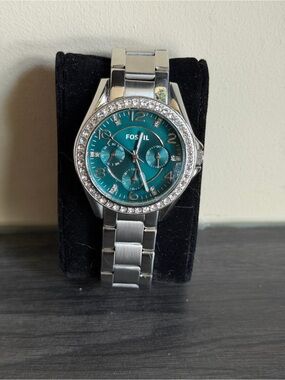 Fossil Stainless Steel Watch with Teal Dial and Crystal Bezel